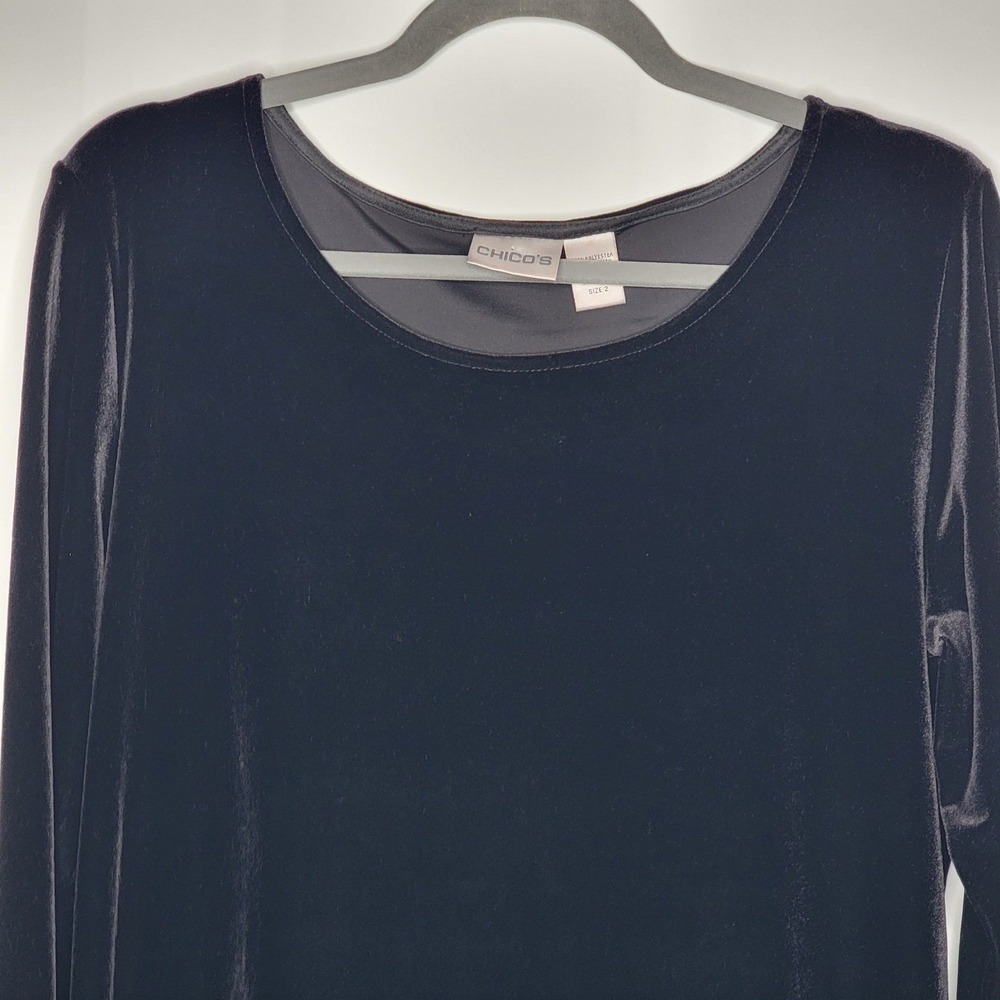 Chico's Black Velvet Tunic Top Women's 2/12/L 3/4 Sleeve Round Neck Minimalist - Picture 3 of 11
